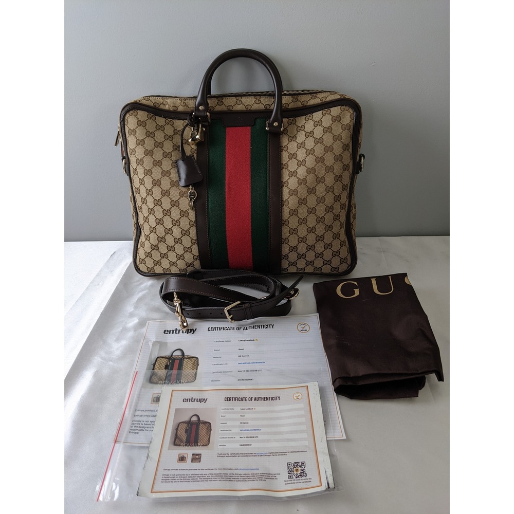 Gucci GG Canvas Web Stripe Briefcase Brown Leather Laptop Bag 246432 COA